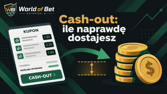 Kupon bukmacherski i stos monet z oznaczoną różnicą między wartością kuponu a ofertą cash-out