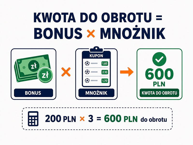 Wzór na obliczenie obrotu bonusu: kwota do obrotu równa się bonus razy mnożnik, przykład 200 PLN razy 3 równa się 600 PLN