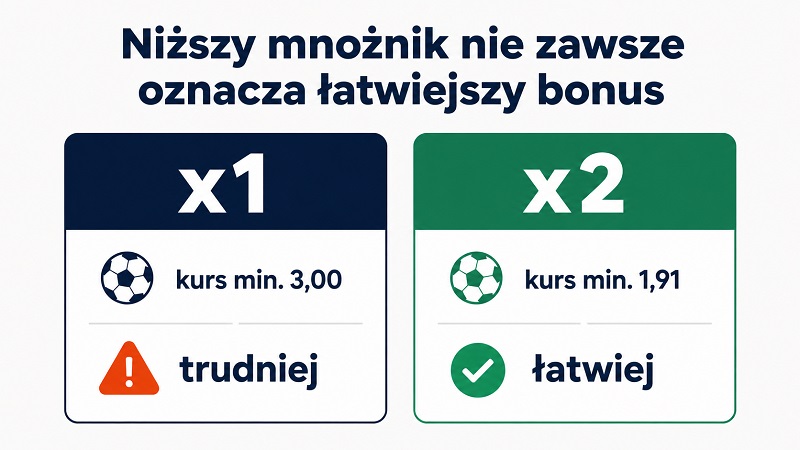 Porównanie dwóch warunków wagera: x1 przy kursie minimalnym 3,00 kontra x2 przy kursie minimalnym 1,91 — niższy mnożnik nie zawsze jest łatwiejszy