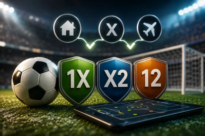 Piłka nożna i symbole zakładów 1X, X2 oraz 12