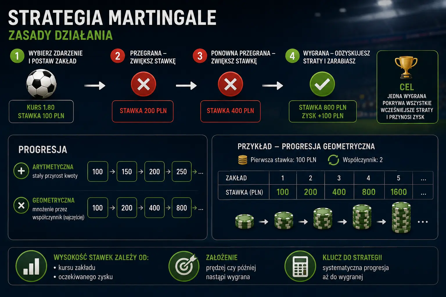 Progresja stawek w strategii Martingale – 100, 200, 400 i 800 PLN