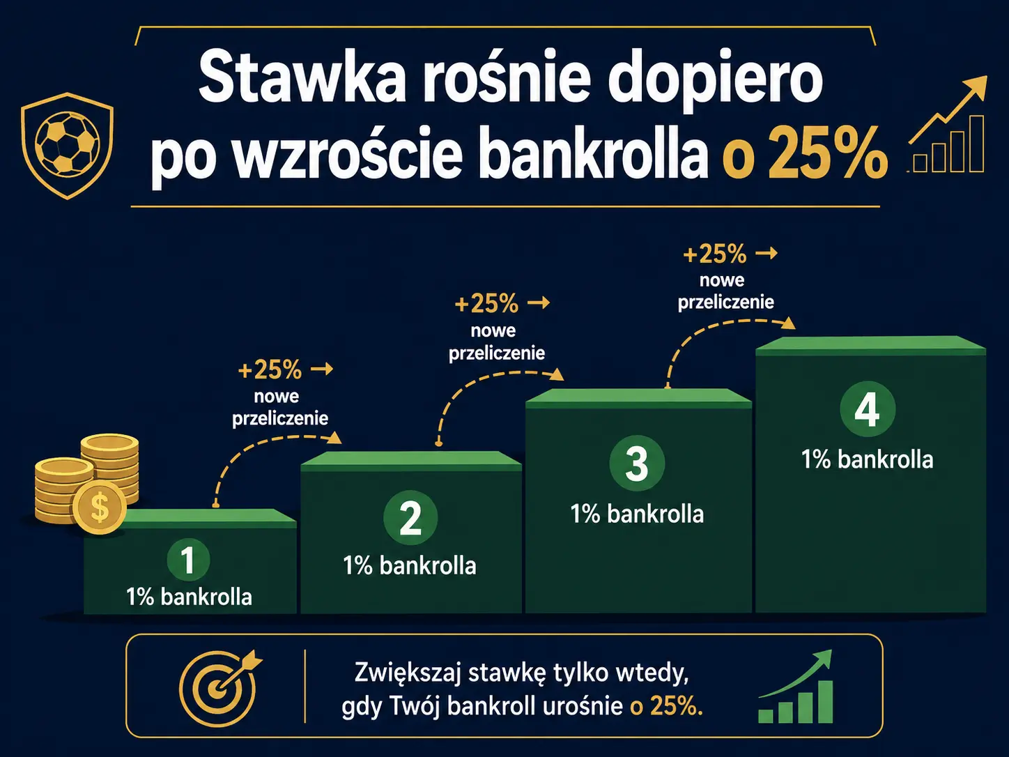 Zasada przeliczania stawki w strategii Millera — wzrost bankrolla o 25%