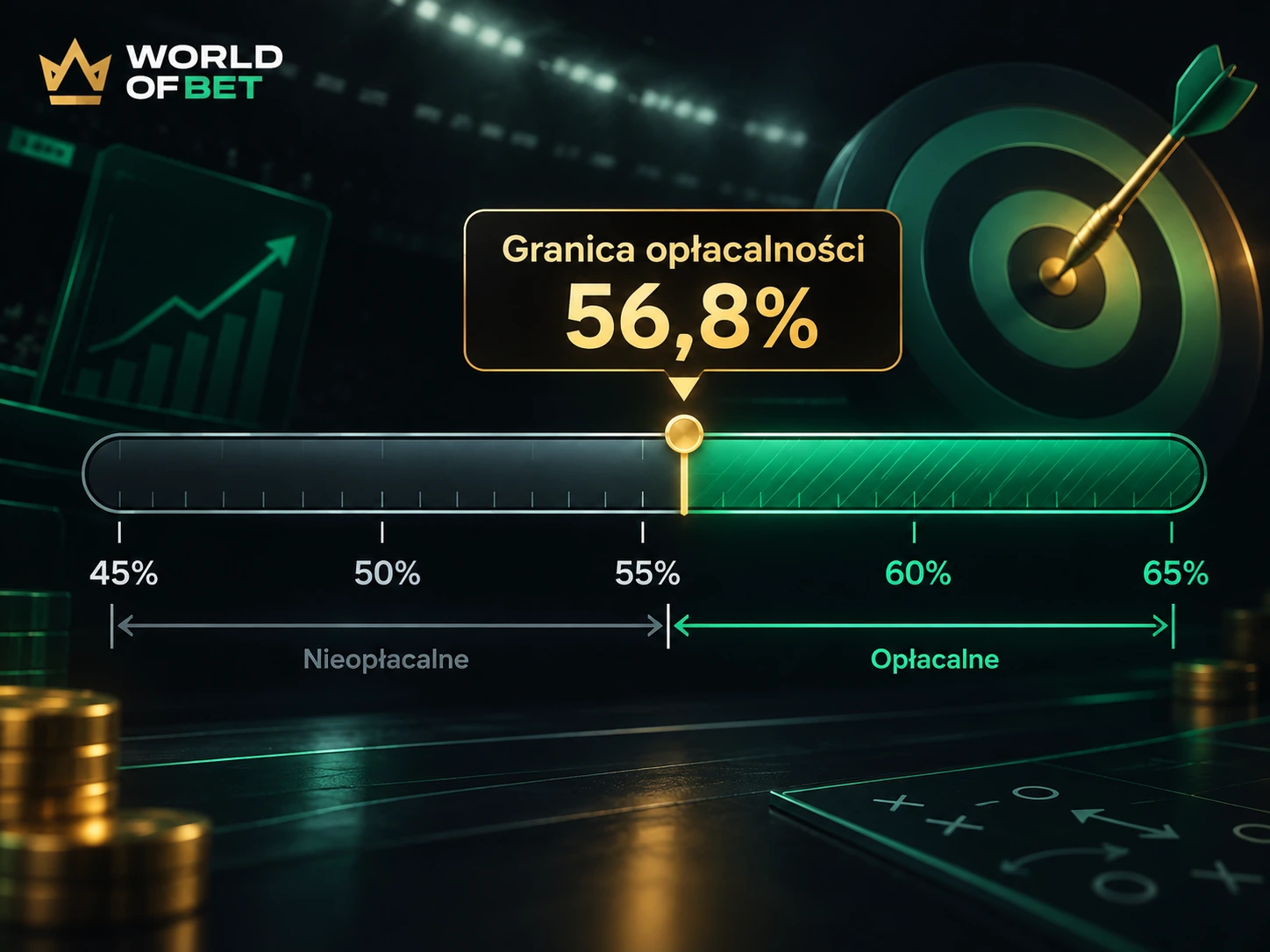 Skala skuteczności od 45% do 65% z zaznaczoną granicą opłacalności 56,8%