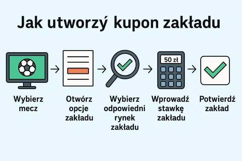 Kroki tworzenia kuponu: wybór meczu, rynku, stawki